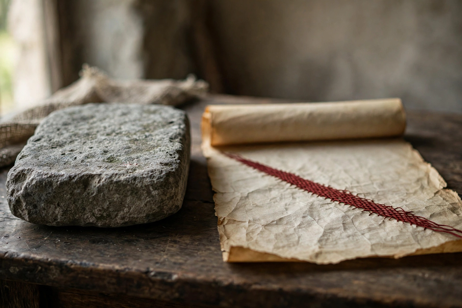 A weathered stone and an unrolled parchment scroll on a wooden table, with a scarlet thread woven across the parchment
