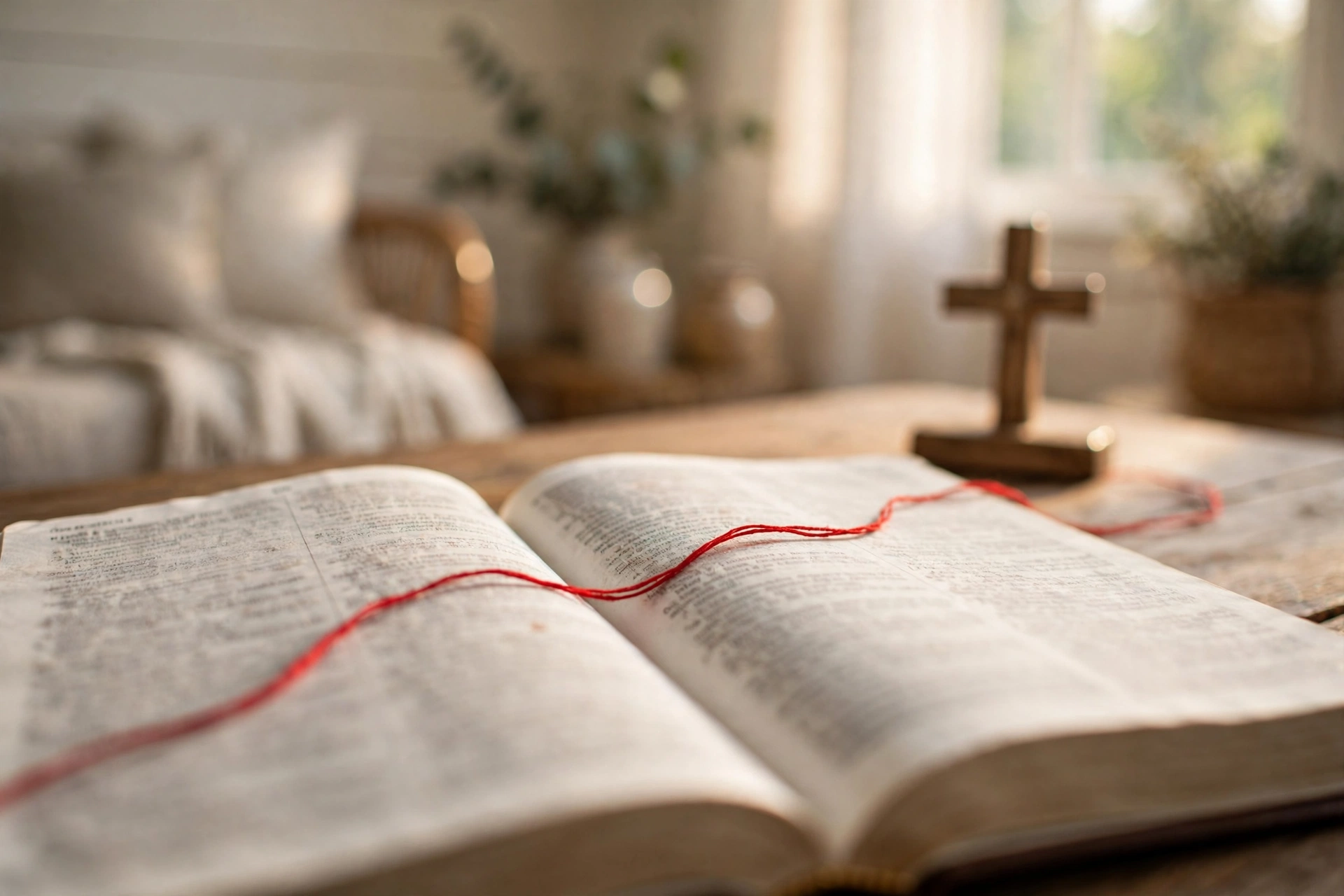 An open Bible on a wooden table with a scarlet thread laid across its pages, leading toward a small wooden cross