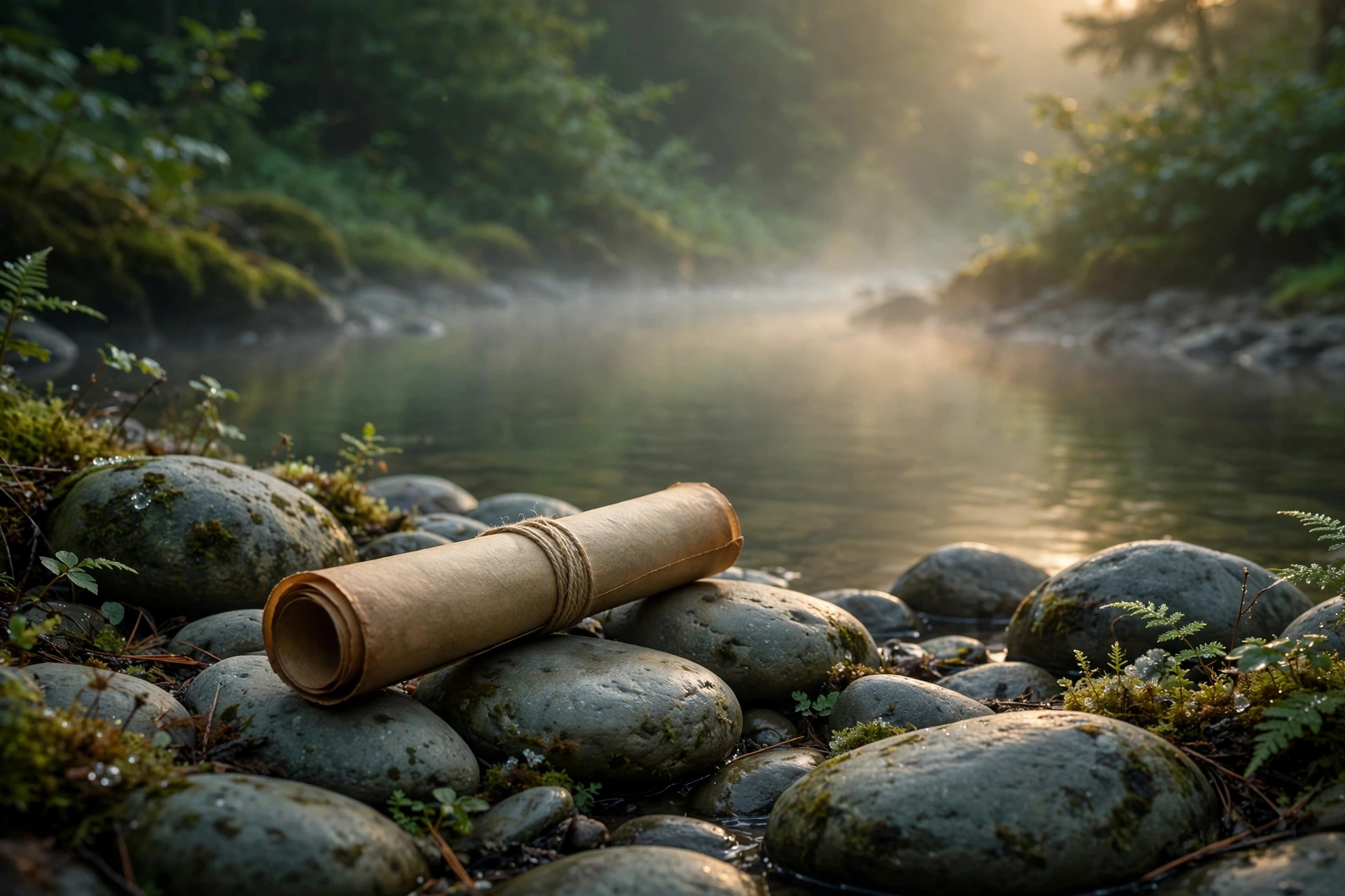 A rolled parchment scroll resting on smooth stones beside a still stream at dawn